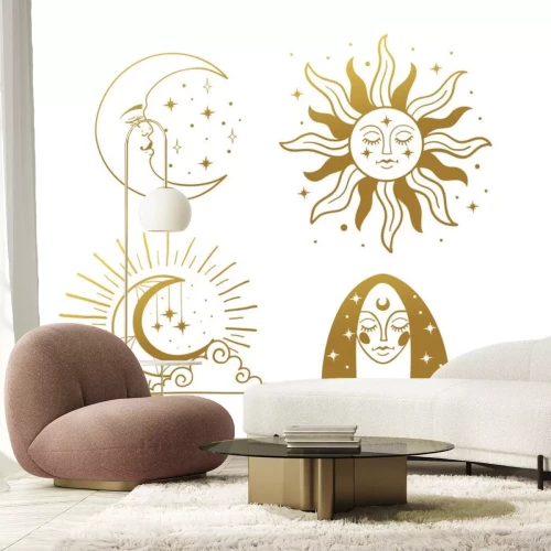 Sticker  Set of beautiful golden mystical elements in boho style, sun and crescent with a face, the moon, a female face with stars. Elements for design, tattoo, sticker. Linear vector illustration isolated on