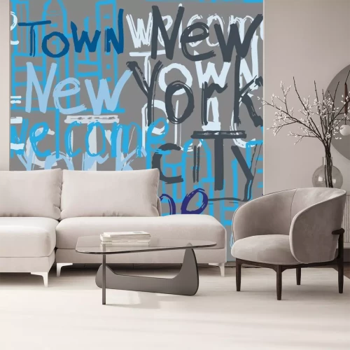 Sticker  Vector graffiti seamless pattern with doodle building and words welcome, New York, city, town, place. Fashion hand drawing texture,  street art retro style for t-shirt, textile, wrapping paper.