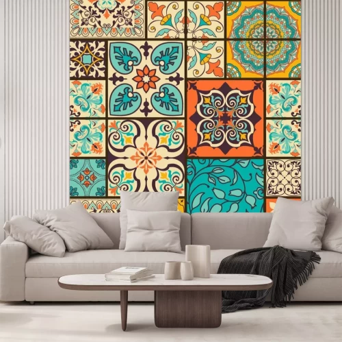 Sticker  Seamless colorful patchwork tile with Islam, Arabic, Indian, ottoman motifs. Majolica pottery tile. Portuguese and Spain decor. Ceramic tile in talavera style. Vector illustration.