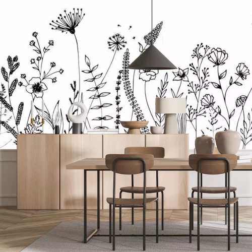 Sticker  Fleurs noires et blanches poussant dans le pré