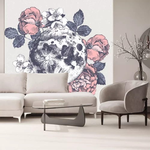 Sticker  Illustration rétro avec lune et fleurs