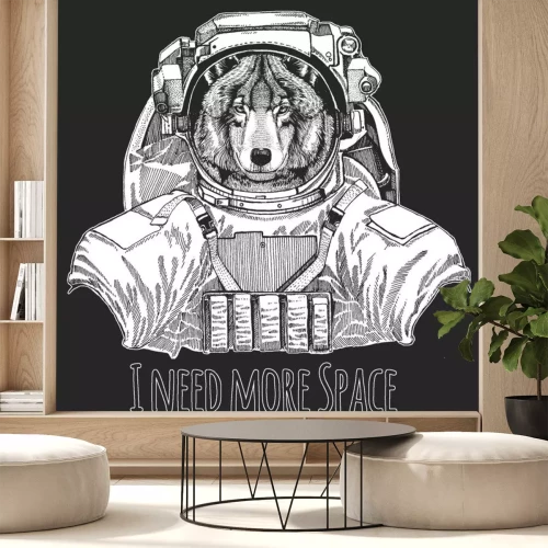 Sticker  Wolf portrait. Wild animal wearing space suit. Head of wild animal.