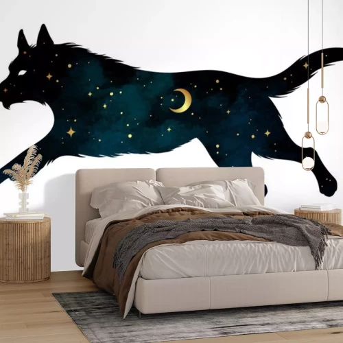 Sticker  Silhouette of wolf with crescent moon and stars isolated. Sticker, print or tattoo design vector illustration. Pagan totem, wiccan familiar spirit art