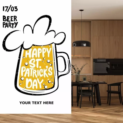 Sticker  Happy St. Patrick's Day greeting. Lettering happy St. Patrick's Day inscribed in a beer. Beer party. Illustration of a beer mug.