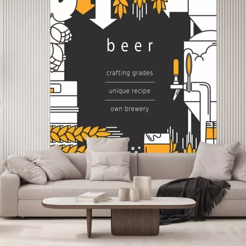 Sticker  Beer background. Glass, mug, beer tap, bottles and kegs, equipment for brewing, brewery, wheat and hops. Vector backdrop for booklet, brochure, flyer.