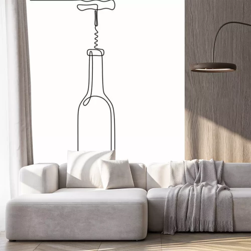 Sticker  Bottle of wine with corkscrew in continuous line art drawing style. Minimalist black linear sketch isolated on white background. Vector illustration