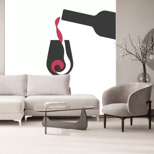 Sticker  Filling a glass of red wine, wine glass and wine bottle vector silhouettes.