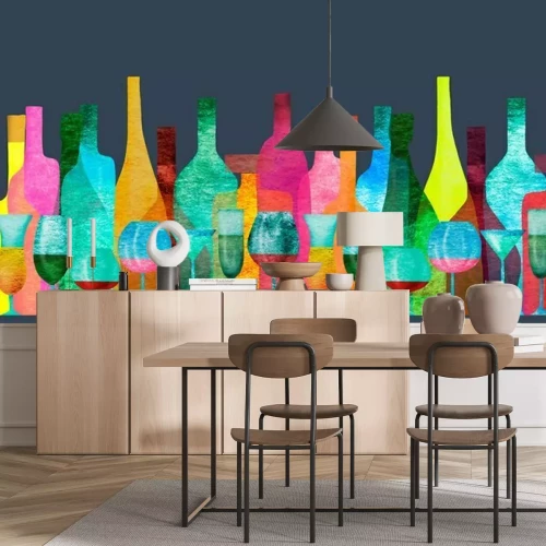 Sticker  Seamless ribbon border with stylized silhouettes of colored bottles of alcohol and glasses. Watercolor.