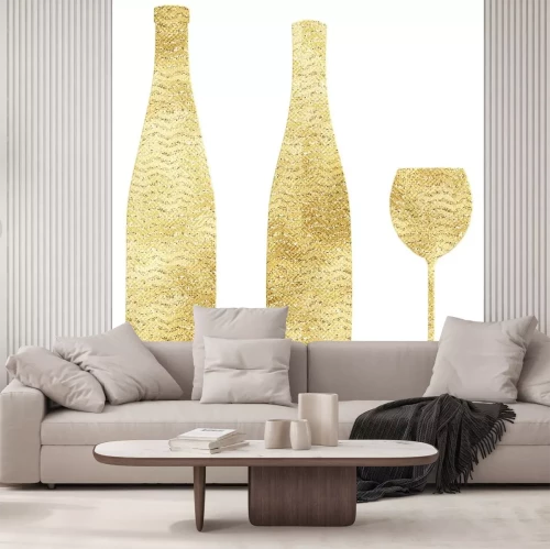 Sticker  Illustration of gold wine bottles and glass on a white background