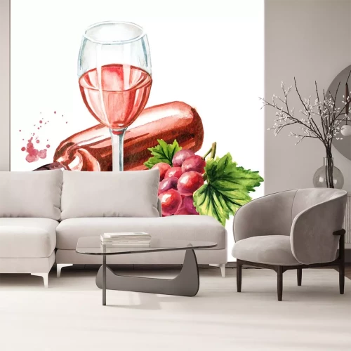 Sticker  Bottle and glass of Rose wine with vine leaves and grape berries. Hand drawn watercolor illustration isolated on white background