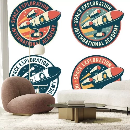 Sticker  Space badge with flying rocket. Galaxy exploration retro emblem with spaceship. Vector vintage illustration.