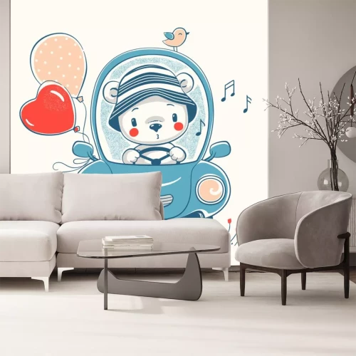 Sticker  Cute baby bear driving car cartoon hand drawn vector illustration. Can be used for baby t-shirt print, fashion print design, kids wear, baby shower celebration greeting and invitation card.