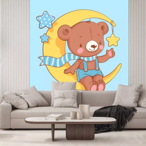 Sticker  Cute baby bear sitting on the moon cartoon hand drawn vector illustration. Can be used for baby t-shirt print, fashion print design, kids wear, baby shower celebration greeting and invitation card.