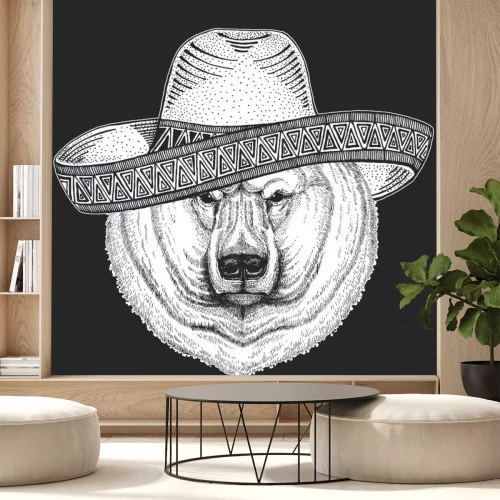 Sticker  Polar bear portrait. Sombrero is traditional mexican hat. Mexico. Head of wild animal