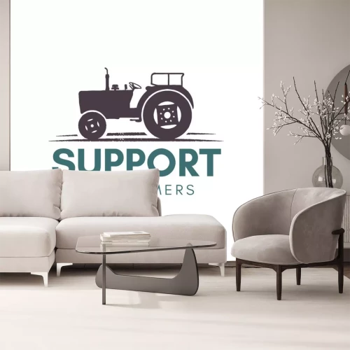 Sticker  Support our farmer logo template. Farming badge with tractor. Stock vector badge