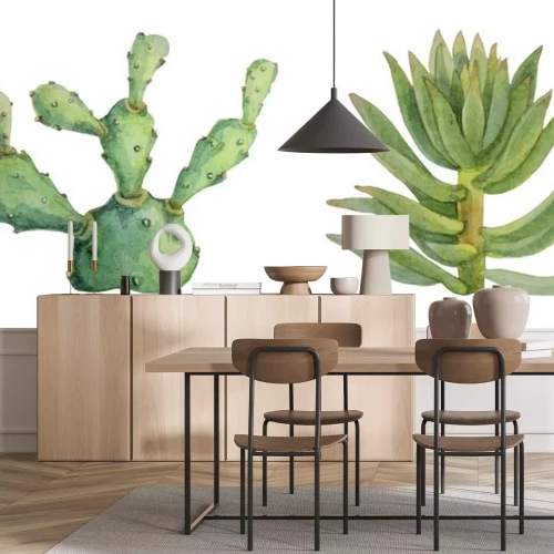 Sticker  Set watercolor hand-drawn green succulent cotyledon and opuntia home plant isolated on white background. Art creative nature object for card, sticker, wallpaper, textile, wrapping, florist