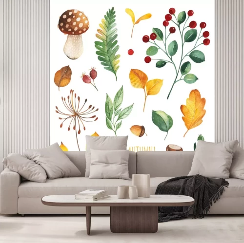 Sticker  Watercolor Autumn set with leaves,mushrooms,berries,branches,oak leaf,nuts,acorns,flowers and more. Perfect for wallpapers,stickers,scrapbooking,invitations,print