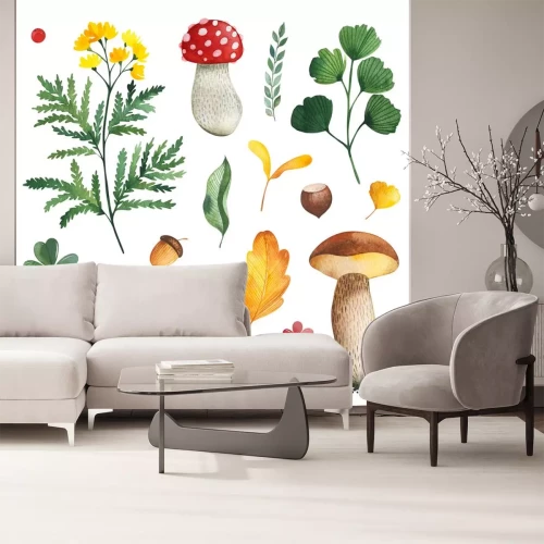Sticker  Watercolor Autumn set with leaves,mushrooms,berries,branches,eggs,nuts,acorns,flowers and more. Perfect for wallpapers,stickers,scrapbooking,invitations,print