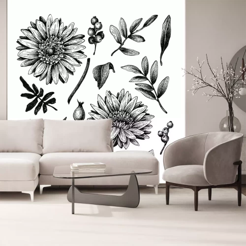 Sticker  Chrysanthemums, berries and leaves. Graphic floral elements. Hand drawn ink and feather drawing.