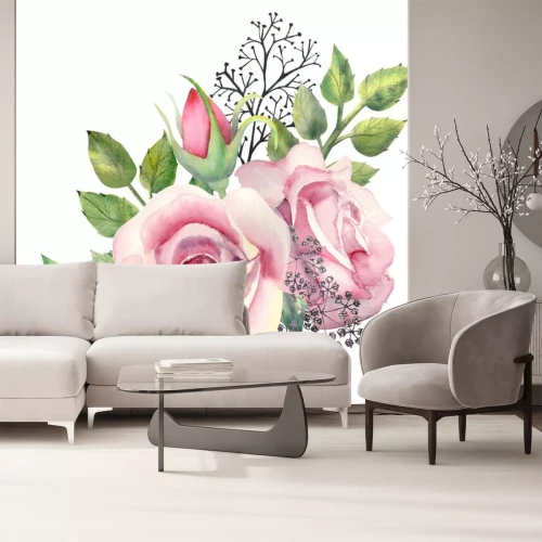 Sticker  A bouquet of pink rose flowers, green leaves, red berries, decorative twigs on a white isolated background. Flower poster, invitation. Watercolor composition for decorating greeting cards or