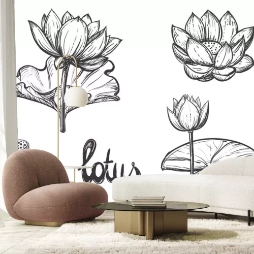 Sticker  Hand drawn sketch black and white set of lotus flowers, petal, leaf. Vector illustration. Elements in graphic style label, card, sticker, menu, package.