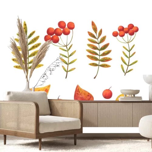 Sticker  Fallen leaves and red berries of mountain ash. A set of autumn images. Stock watercolor plants. Collection of decorative elements isolated on a white background