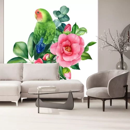 Sticker  Tropical composition bouquet of flowers and parrots lovebirds on isolated white background, watercolor illustration