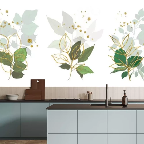 Sticker  Gold leaves green tropical branch plants wedding bouquet with golden splatters isolated. Floral foliage vector illustration arrangement in watercolor style for wedding invitation card