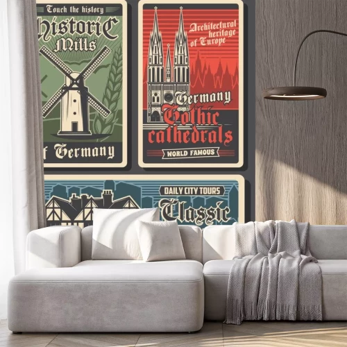 Sticker  Germany travel retro posters, German landmarks and Berlin city buildings, culture and tourism, vector. German Gothic architecture, castles, cathedrals and historic mills, Europe travel destinations