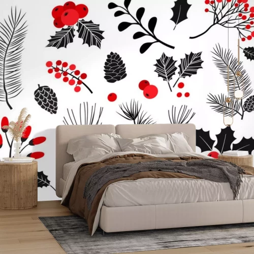 Sticker  Christmas vector plants, holly berry, christmas tree, pine, rowan, leaves branches, holiday decoration, winter symbols isolated on white background. Red and black colors. Vintage nature illustration