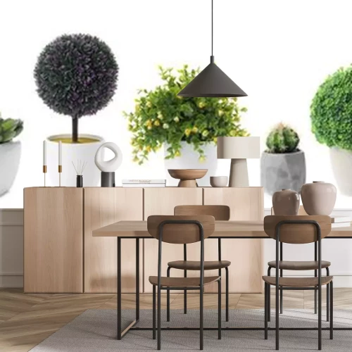 Sticker  Set of artificial plants in flower pots isolated on white. Banner design