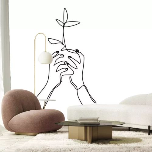 Sticker  Hand holding plant's pot. Continuous one line drawing of back to nature theme. Growing plant in hand palm. Concept of growing and love earth hand drawn vector design illustration.