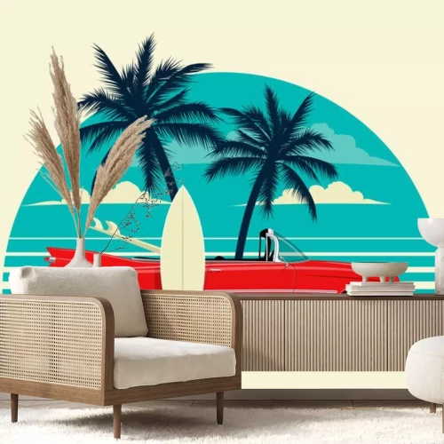 Sticker  Red retro roadster car with surfing boards on the beach with palm silhouettes on background. Summer time themed vector illustration for poster or card or t-shirt or sticker design.