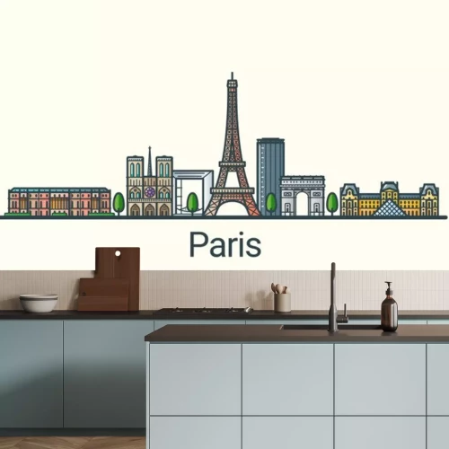 Sticker  Banner of Paris city in flat line trendy style. All buildings separated and customizable. Line art.