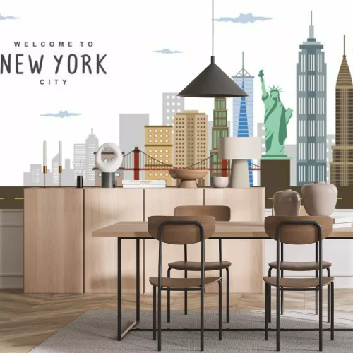 Sticker  New York City panorama landscape scene with Brooklyn Bridge, The Statue of Liberty and wide angle view of the Lower Manhattan. Beautiful view of metropolitan. Landmarks of New York City, USA