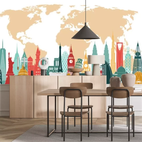 Sticker  Travel and tourism background. World famous monuments skyline. Vector illustration