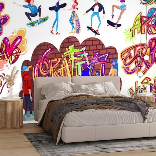 Sticker  Graffiti street art culture, young people cartoon characters paint on brick wall, vector illustration. Teenagers skating, boys and girls urban lifestyle. Isolated graffiti lettering, set of stickers