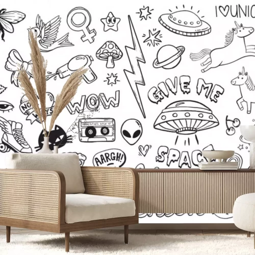 Sticker  A set of teen culture graffiti doodles suitable for decoration, badges, stickers or embroidery. Vector illustrations.