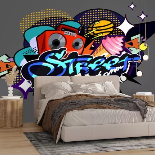 Sticker  the inscription Street in the style of pop art street graffiti on the background of clouds, explosions, Boombox, skate, ball, ice cream. Perfect for stickers, flyers, festivals. EPS 10