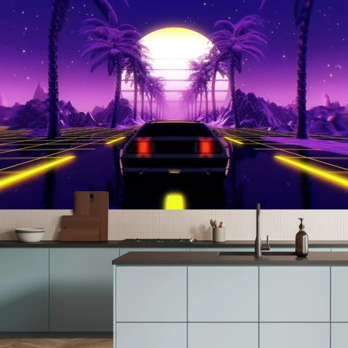 Sticker  80s retro futuristic sci-fi 3D illustration with vintage car. Riding in retrowave VJ videogame landscape, neon lights and low poly grid. Stylized cyberpunk vaporwave background. 4K