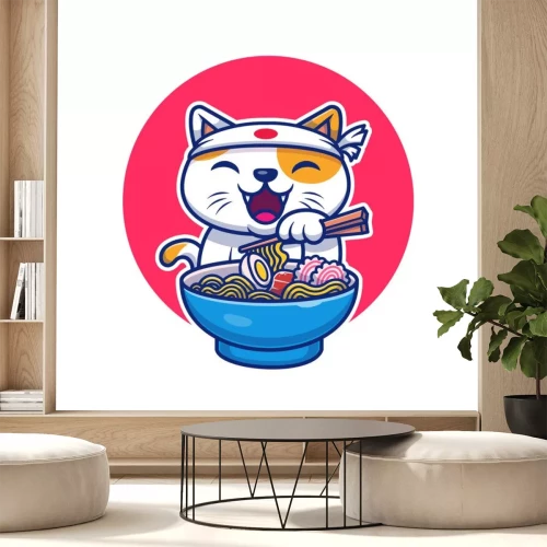 Sticker  Cat Eating Ramen Noodle Vector Icon Illustration. Cat Logo Mascot Cartoon Character. Animal Icon Concept White Isolated. Flat Cartoon Style Suitable for Web Landing Page, Banner, Flyer, Sticker, Card