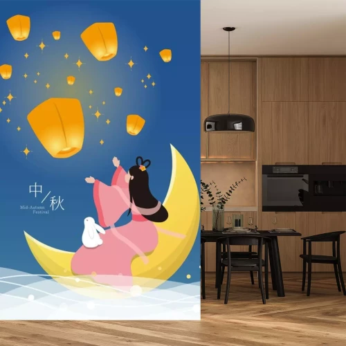Sticker  On Mid-Autumn Festival, Chang'e and cute rabbits sit on the moon and put sky lanterns. Subtitle translation: Mid-Autumn Festival