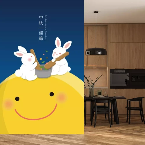 Sticker  Mid-Autumn Festival, rabbit making herbs on the moon, illustration, vector, cartoon, subtitle translation: Mid-Autumn Festival