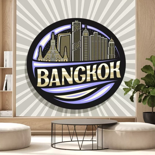 Sticker  Vector logo for Bangkok, black decorative badge with outline illustration of famous bangkok city scape on evening sky background, art design tourist fridge magnet with unique letters for word bangkok.