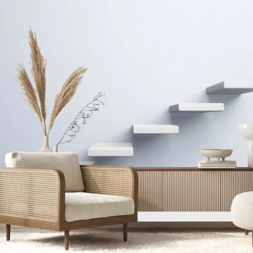 Sticker  White stair step to growth success, 3d render, progress way and forward achievement creative concept