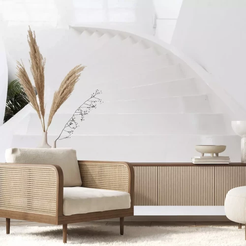 Sticker  high angle view of white indoor cement stone staircase without railing in minimal building