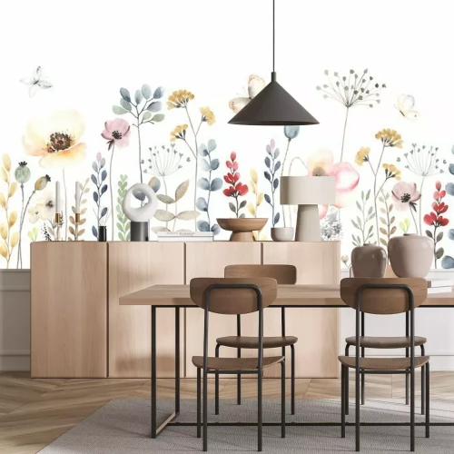 Sticker  Watercolor floral seamless pattern with colorful wildflowers, leaves, plants and flying butterflies. Panoramic horizontal isolated illustration. Garden background in vintage style.