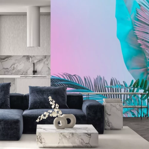 Sticker  Feuilles tropicales turquoise sur fond rose