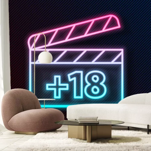 Sticker  Glowing neon line Movie clapper with 18 plus content icon isolated on black background. Age restriction symbol. Adult channel. Vector Illustration