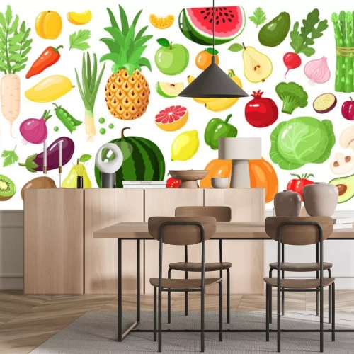 Sticker  Cartoon fruits and vegetables. Vegan lifestyle food, organic nutrition vegetable and fruit, avocado, asparagus and mango vector illustration set. Watermelon and pineapple, apple and banana, kiwi fruit